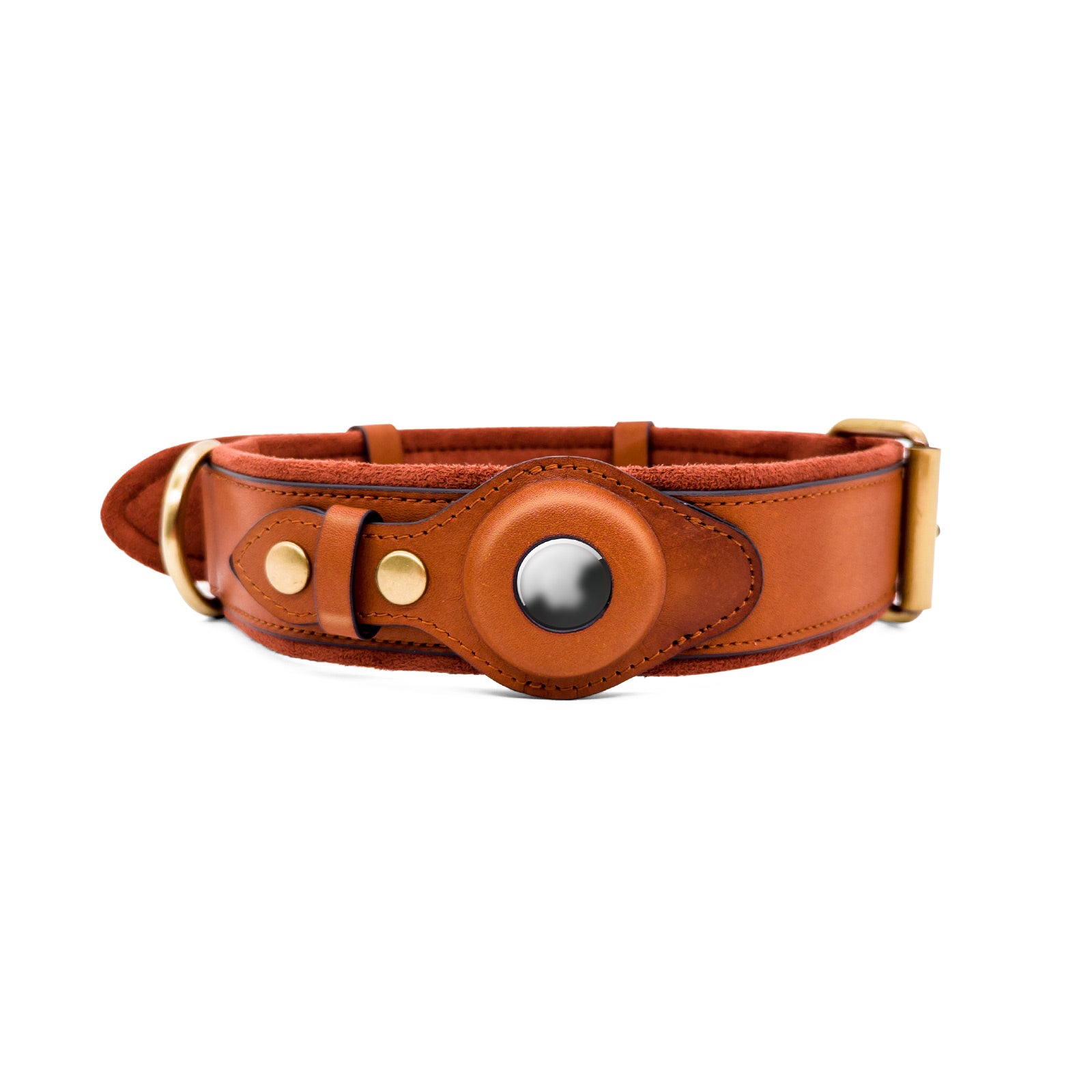 Genuine Leather Supple Dog Collar with Airtag Case – Brown