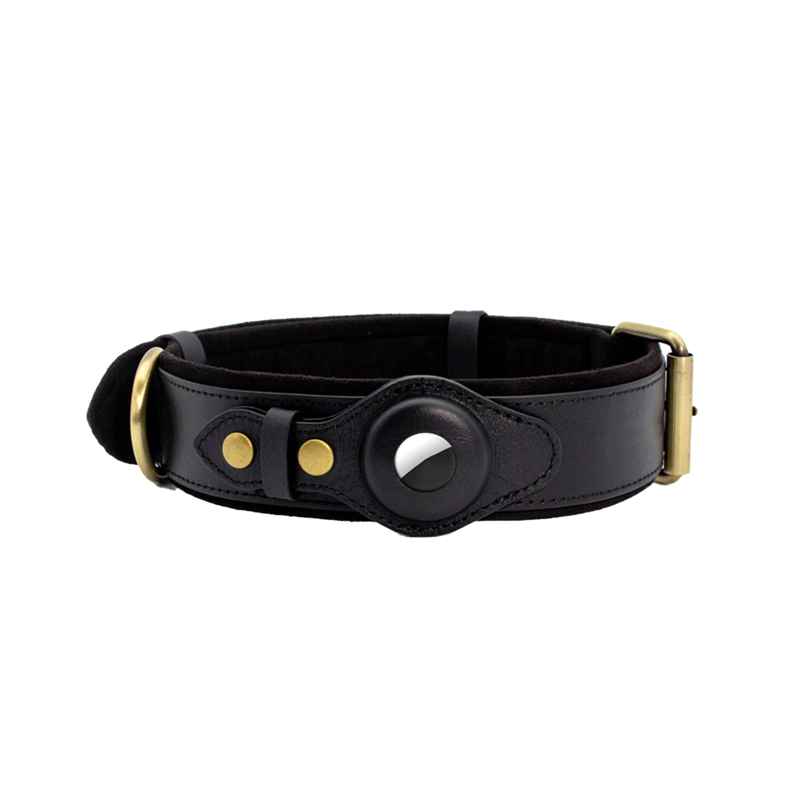 Genuine Leather Supple Dog Collar with Airtag Case – Black