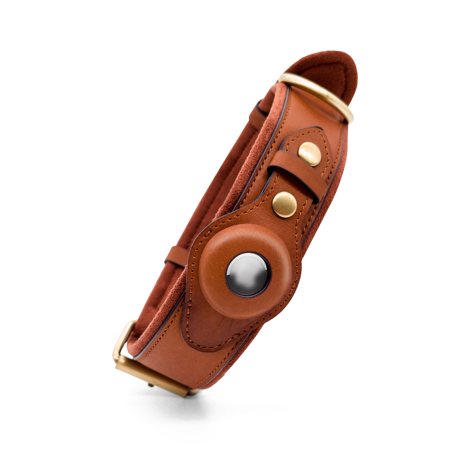 Genuine Leather Supple Dog Collar with Airtag Case - Brown - Image 2