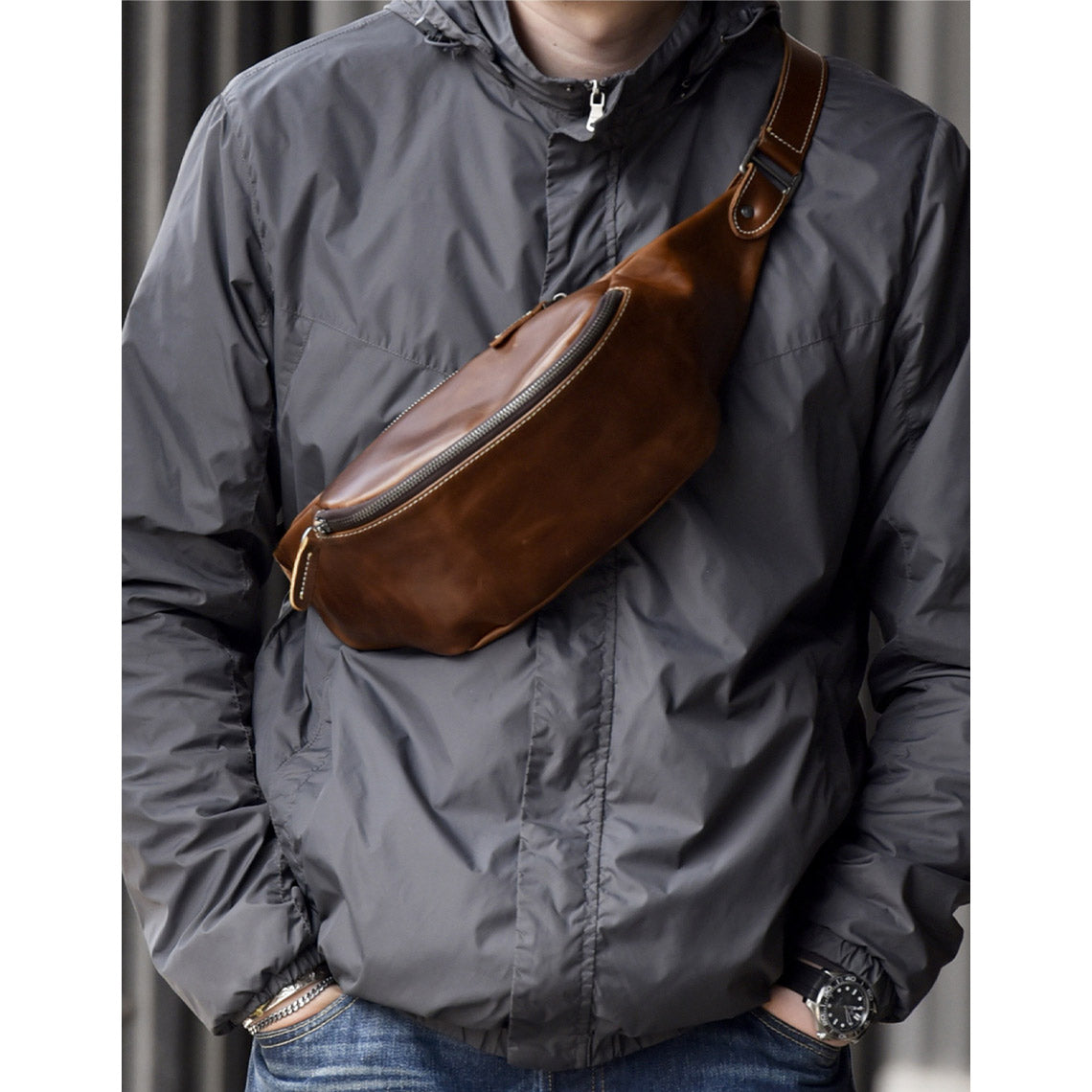 Vegetable Tanned Leather Men Fanny Pack Bag - Image 9