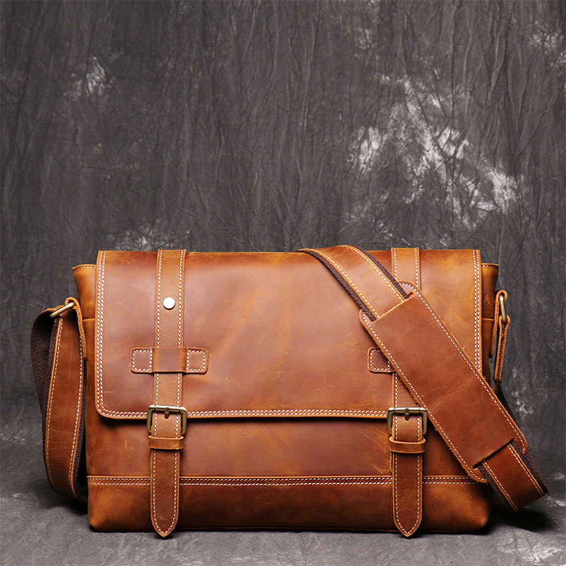 Crazy Horse Leather Men's Messenger Satchel Bag - Image 2
