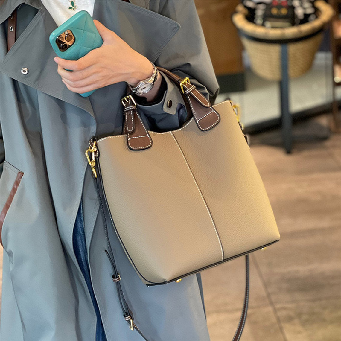 Top Grain Leather Top Handle Bucket Bag - Image 2