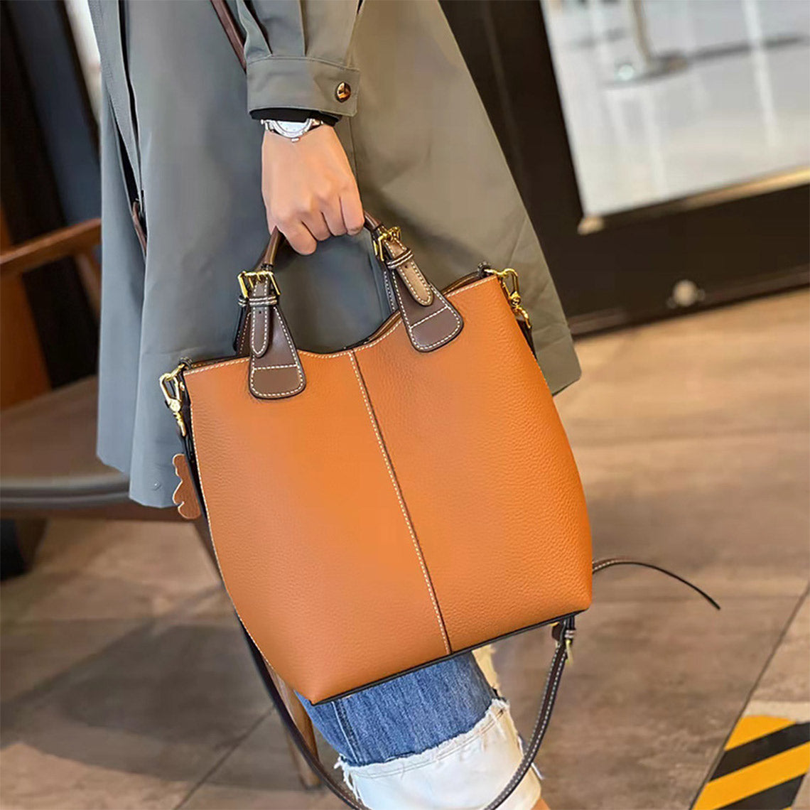 Top Grain Leather Top Handle Bucket Bag - Image 8