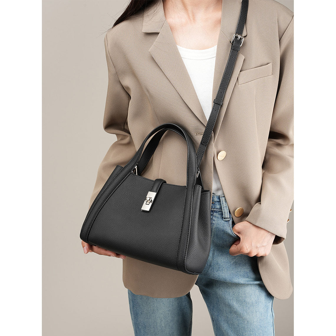 Top Grain Leather Small Bucket Handbag - Image 8