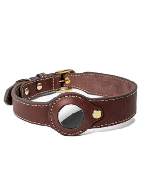 Genuine Leather Dog Collar with Airtag Case - Brown