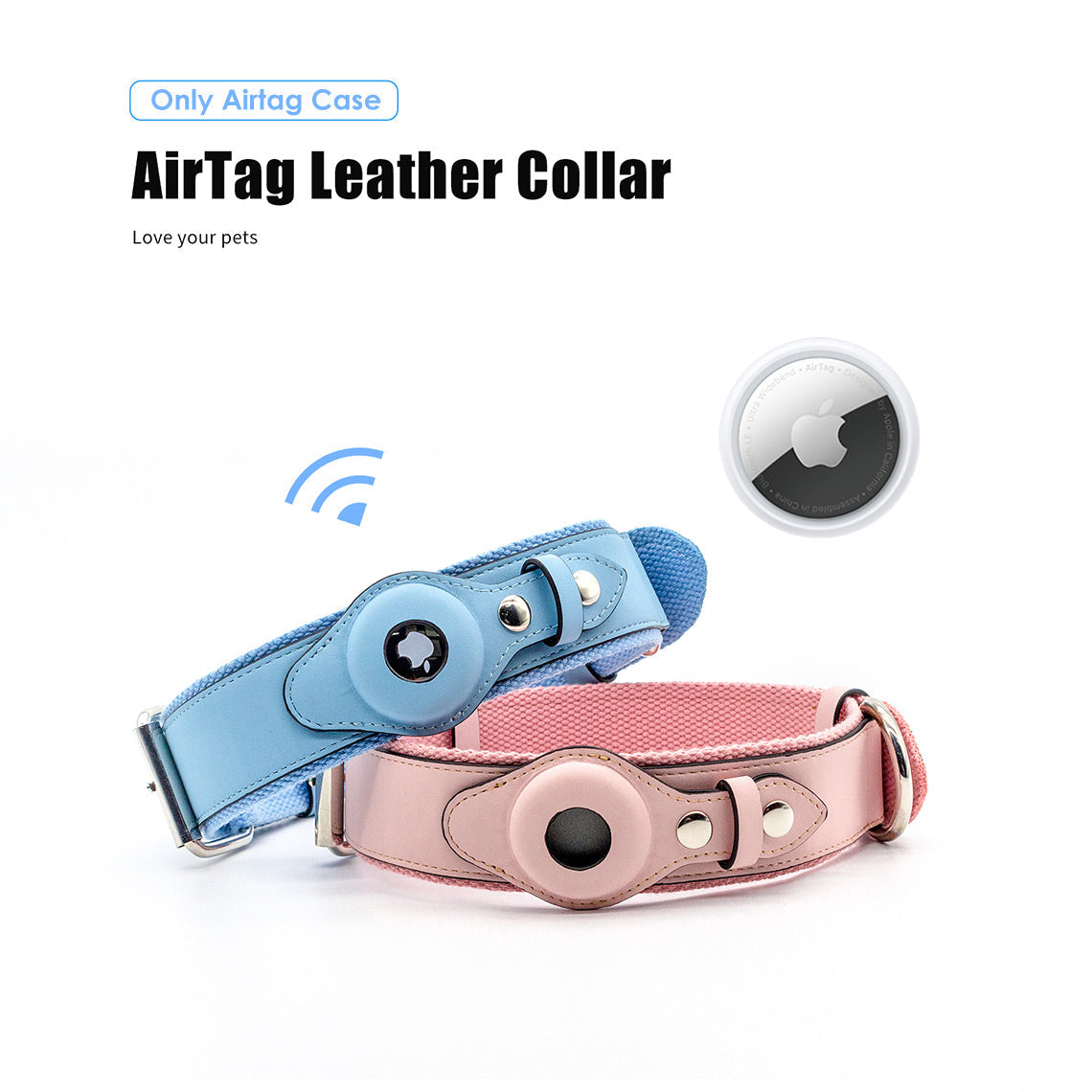 Vegan Leather Dog Collar with Airtag Case - Black & Blue - Image 2