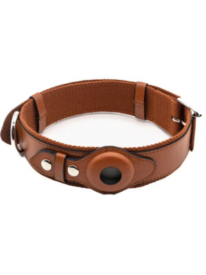 Vegan Leather Dog Collar with Airtag Case - Brown